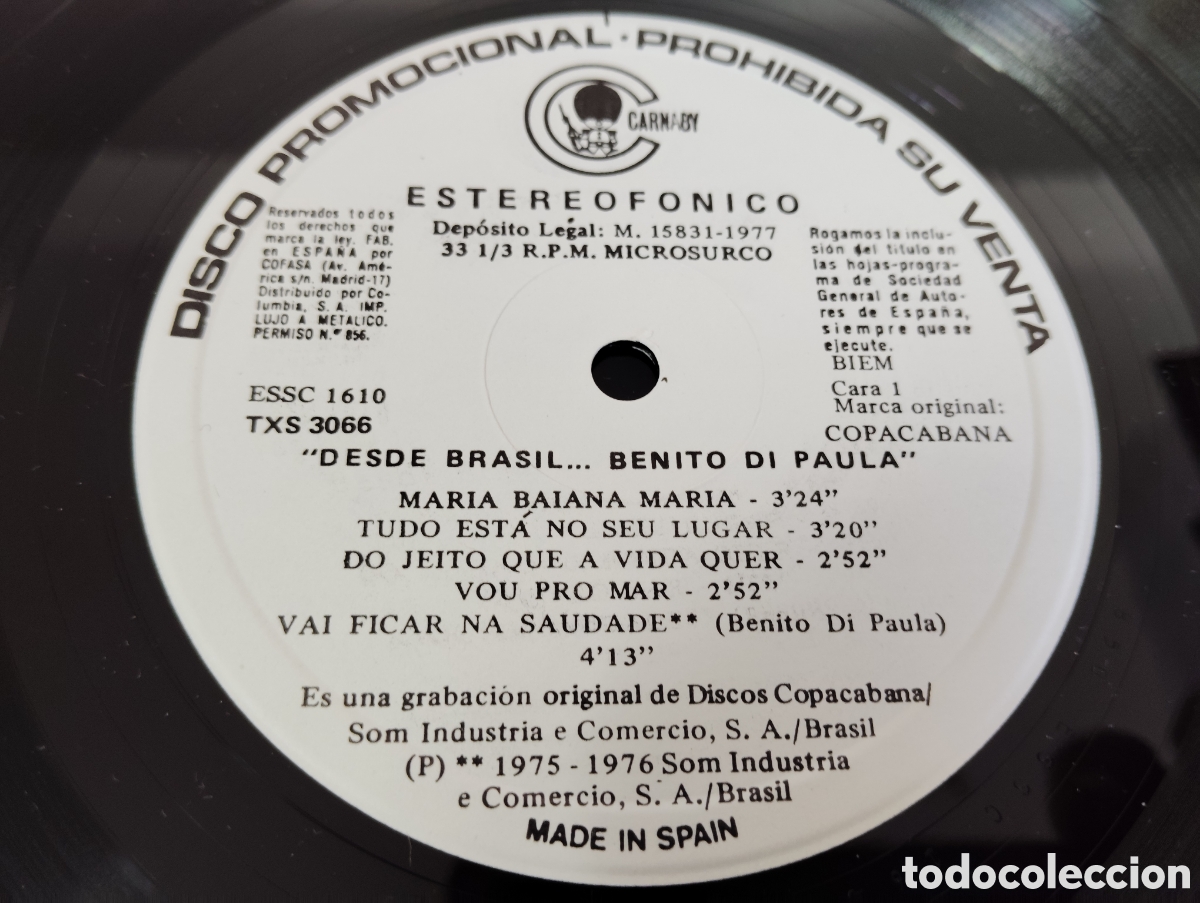 Discos de vinilo: BENITO DI PAULA - DESDE BRASIL ... 1977 - Foto 3