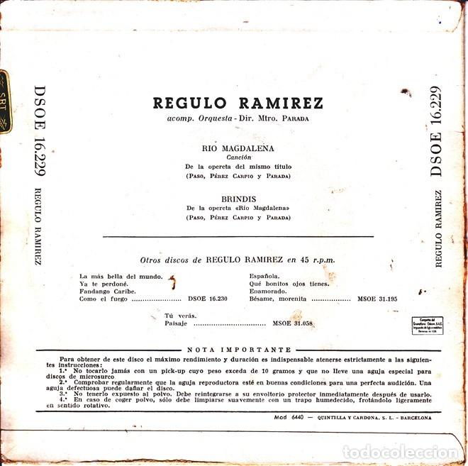 Discos de vinilo: R&eacute;gulo Ram&iacute;rez &ndash; R&iacute;o Magdalena; Brindis &ndash; ODEON 16.229 &ndash; 1958 - Foto 2