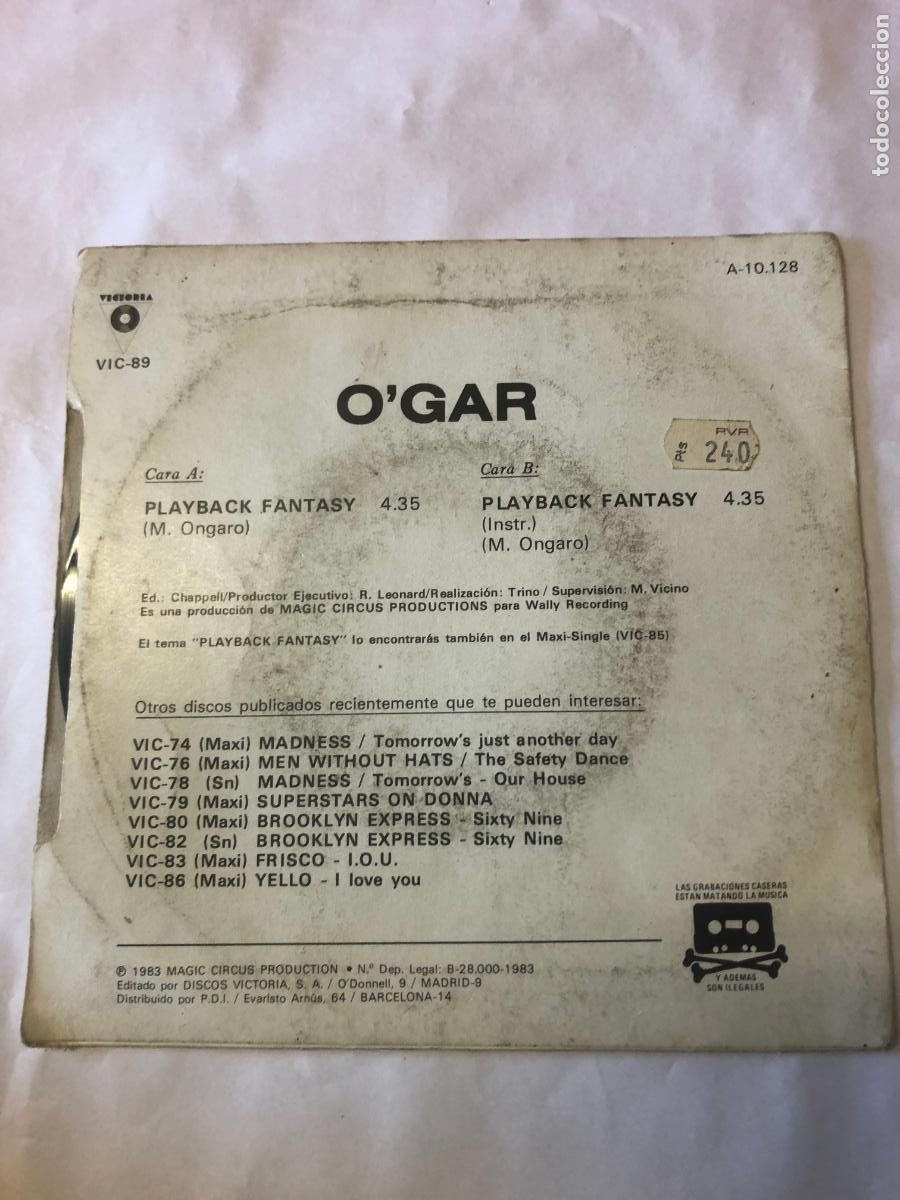 Discos de vinilo: DISCO SINGLE PLAYBACK FANTASY, O`GAR ORIGINAL DE 1983 - Foto 2