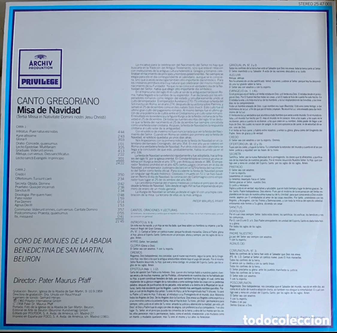 Discos de vinilo: Disco Vinilo LP. Canto Gregoriano. &ldquo;Misa de Navidad&rdquo;. 1981. - Foto 2