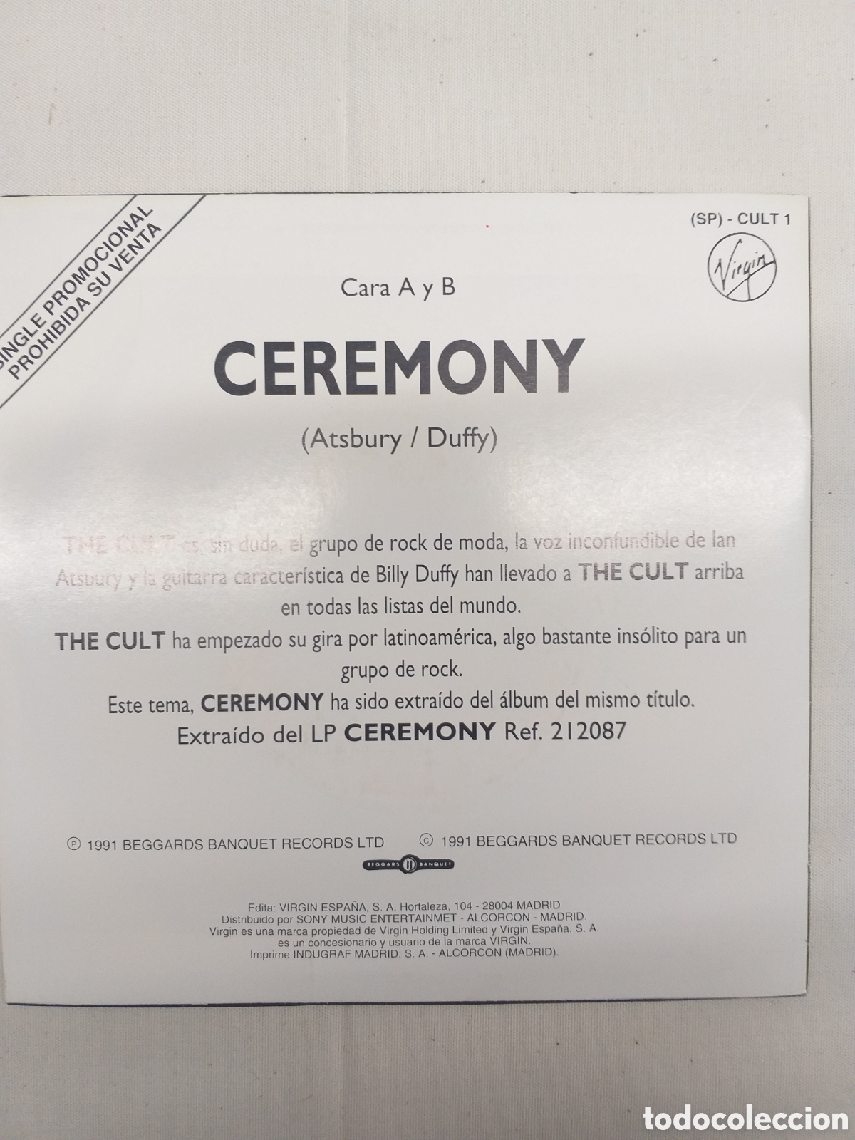 Discos de vinilo: Vinilo THE CULT, CEREMONY, 1991 - Foto 2