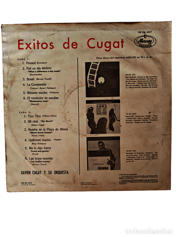 Discos de vinilo: VIN3035 Exitos de Cugat VINILO SEGUNDA MANO - Foto 2
