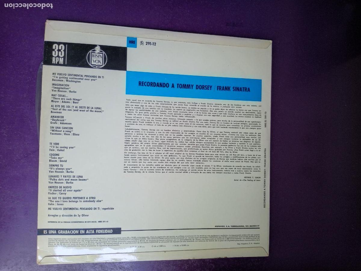 Discos de vinilo: Frank Sinatra &ndash; I Remember Tommy - LP HISPAVOX 1968 - JAZZ - Foto 2