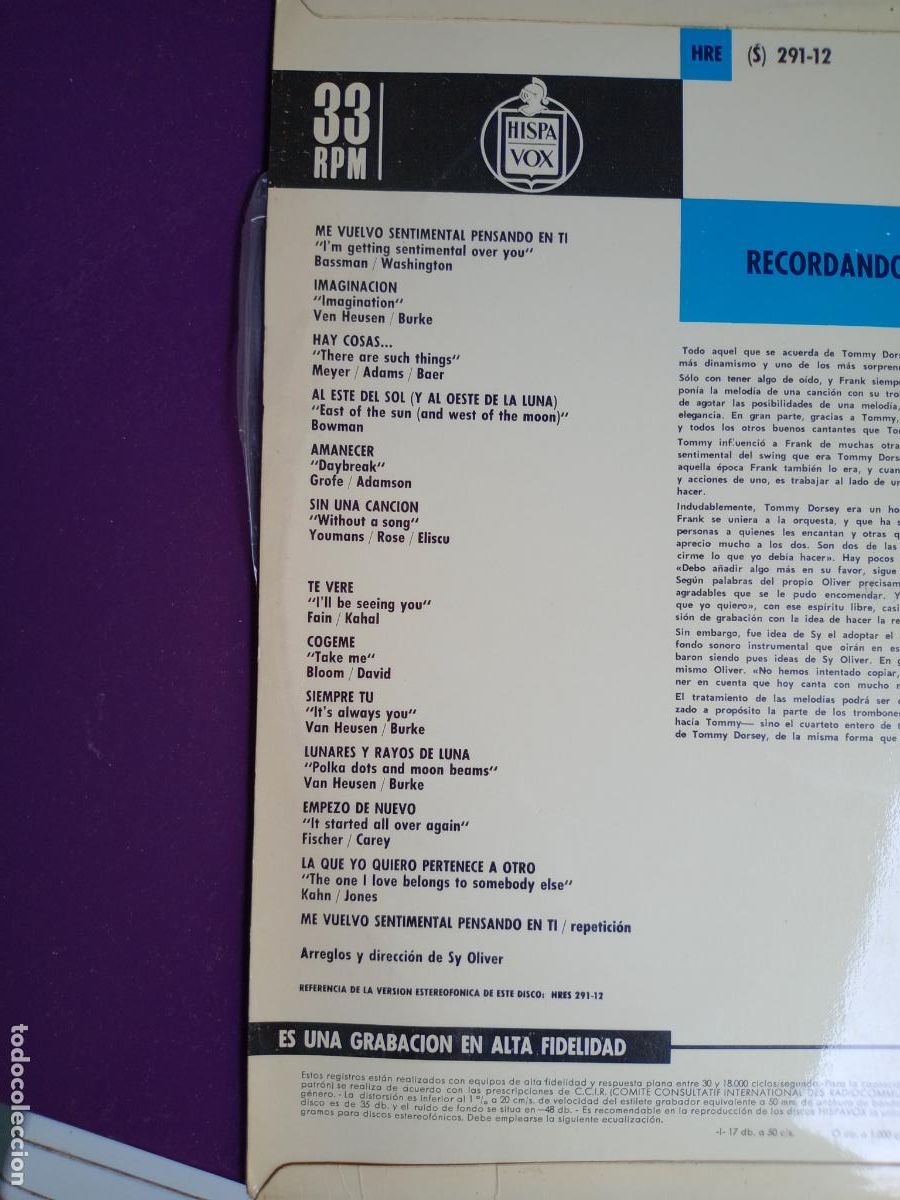 Discos de vinilo: Frank Sinatra &ndash; I Remember Tommy - LP HISPAVOX 1968 - JAZZ - Foto 3