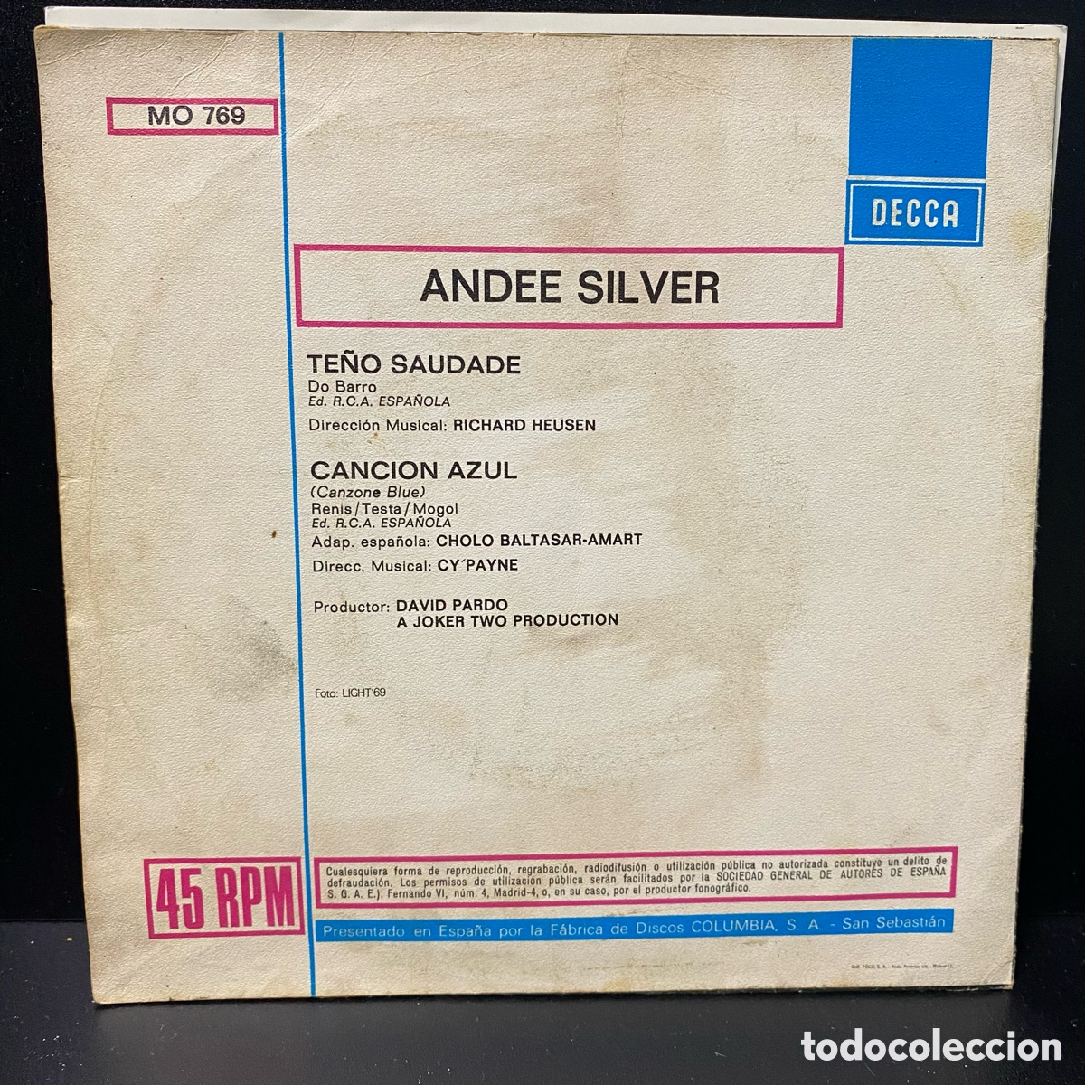 Discos de vinilo: Andee Silver - Te&ntilde;o Saudade / Cancion Azul (7) - Foto 2