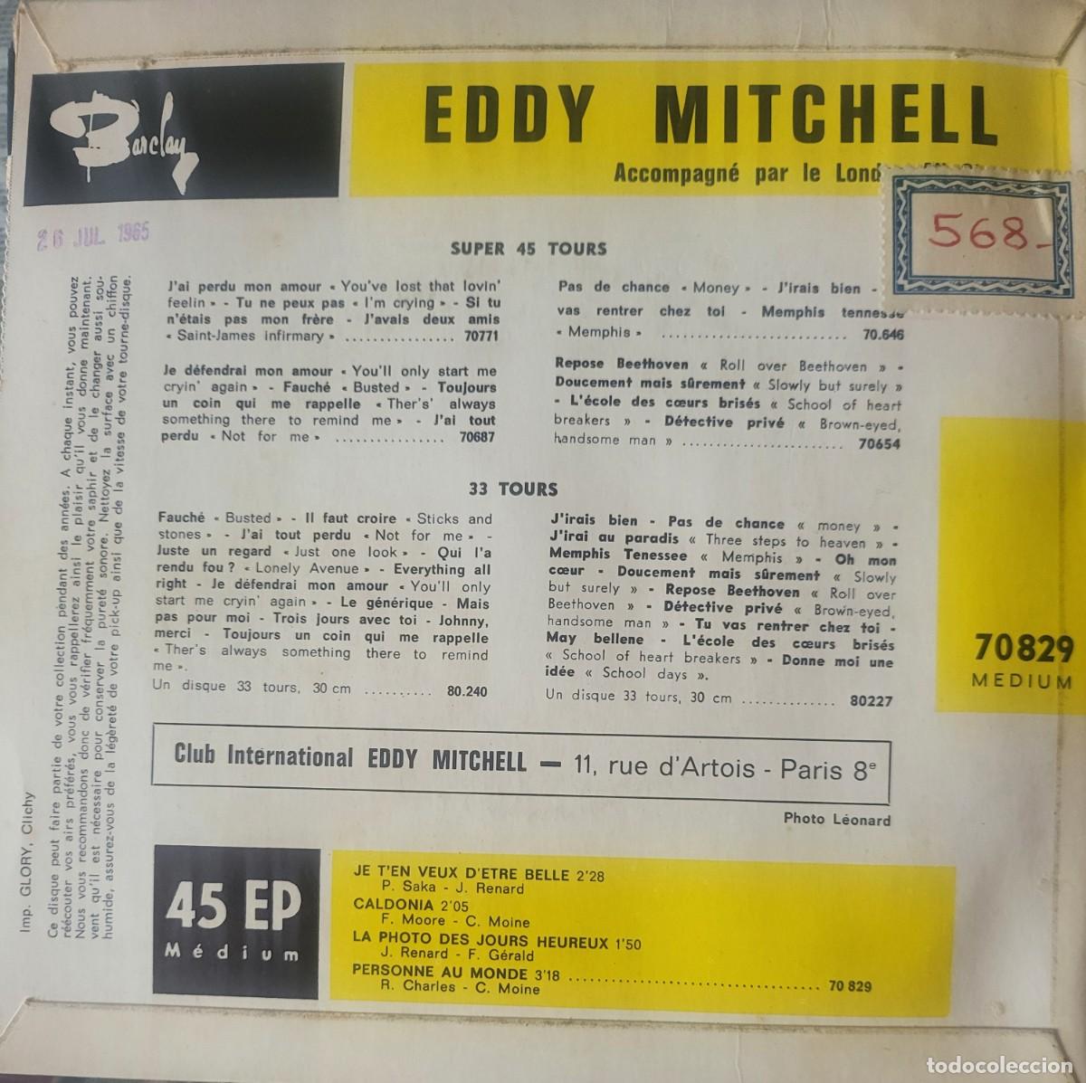 Discos de vinilo: Eddy Mitchell Ep sello Barclay editado en Francia... - Foto 2