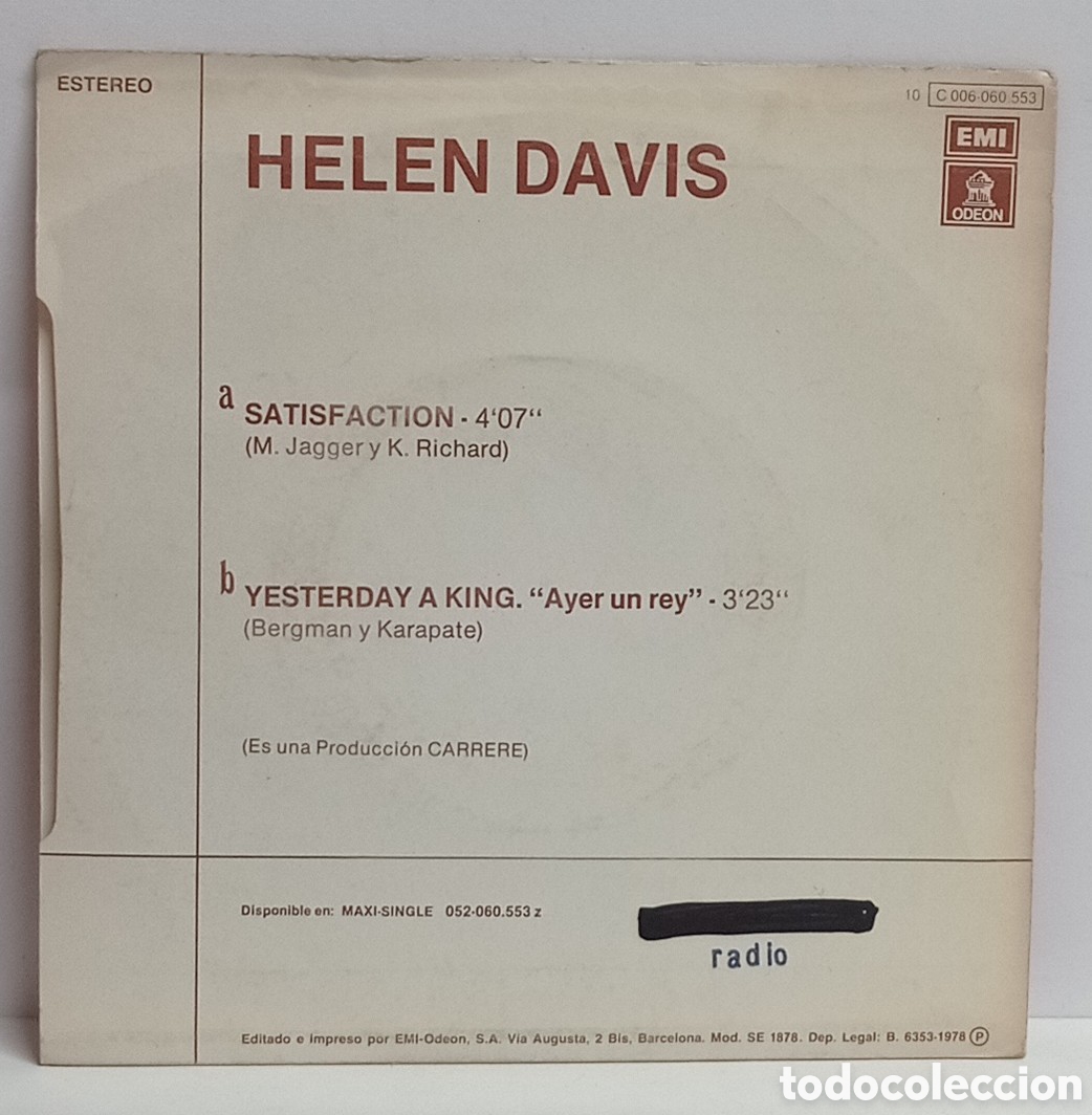 Discos de vinilo: HELEN DAVIS, SATISFACTION (EMI 1978) -SINGLE- - Foto 2