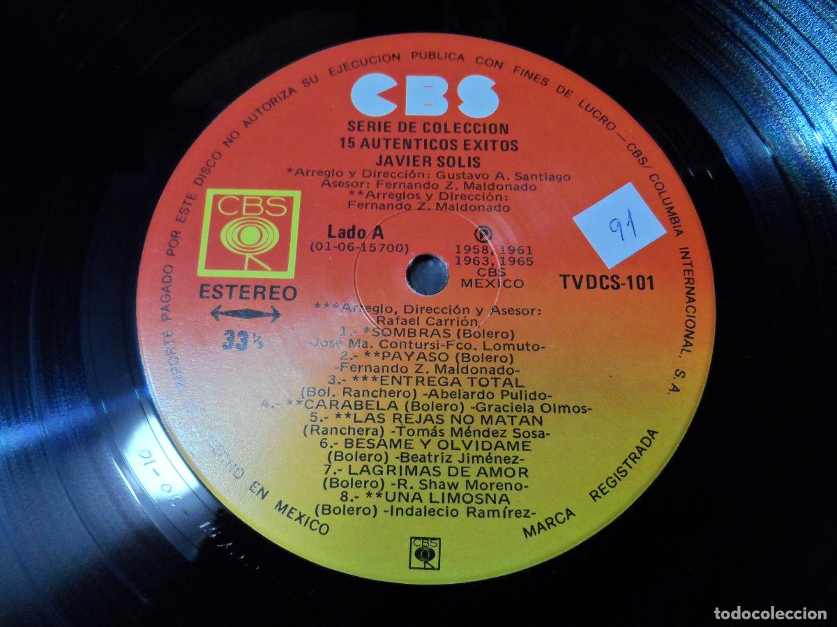 Discos de vinilo: Javier Sol&iacute;s &ndash; 15 Autenticos Exitos (MEXICO 1983) - Foto 3