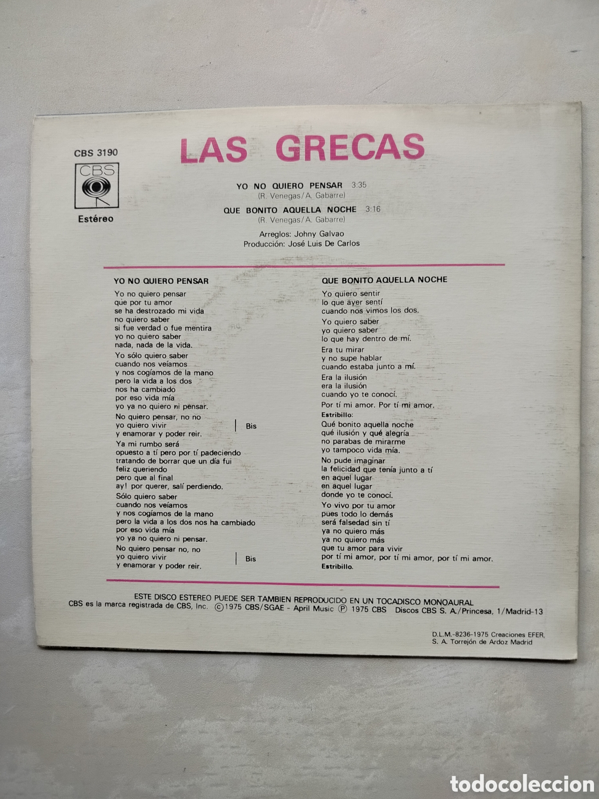 Discos de vinilo: Las Grecas Single 1975 - Foto 2