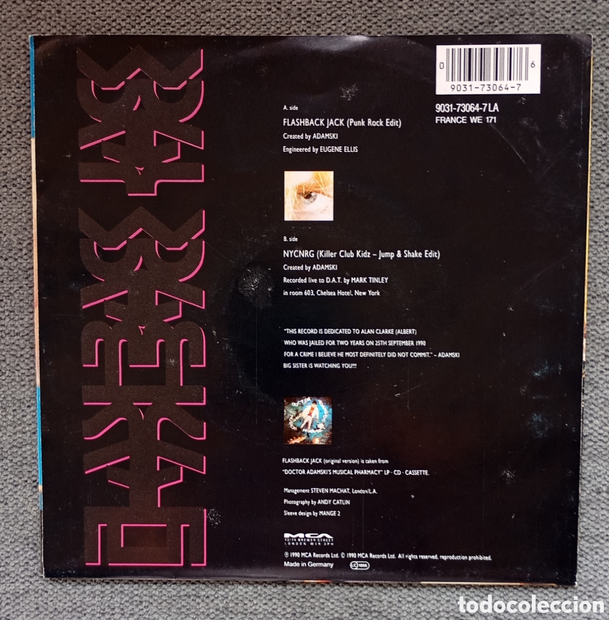 Discos de vinilo: Adamski. Flashback Jack/ Nycnrg. Single 7&rdquo;, a&ntilde;o 1990. - Foto 2