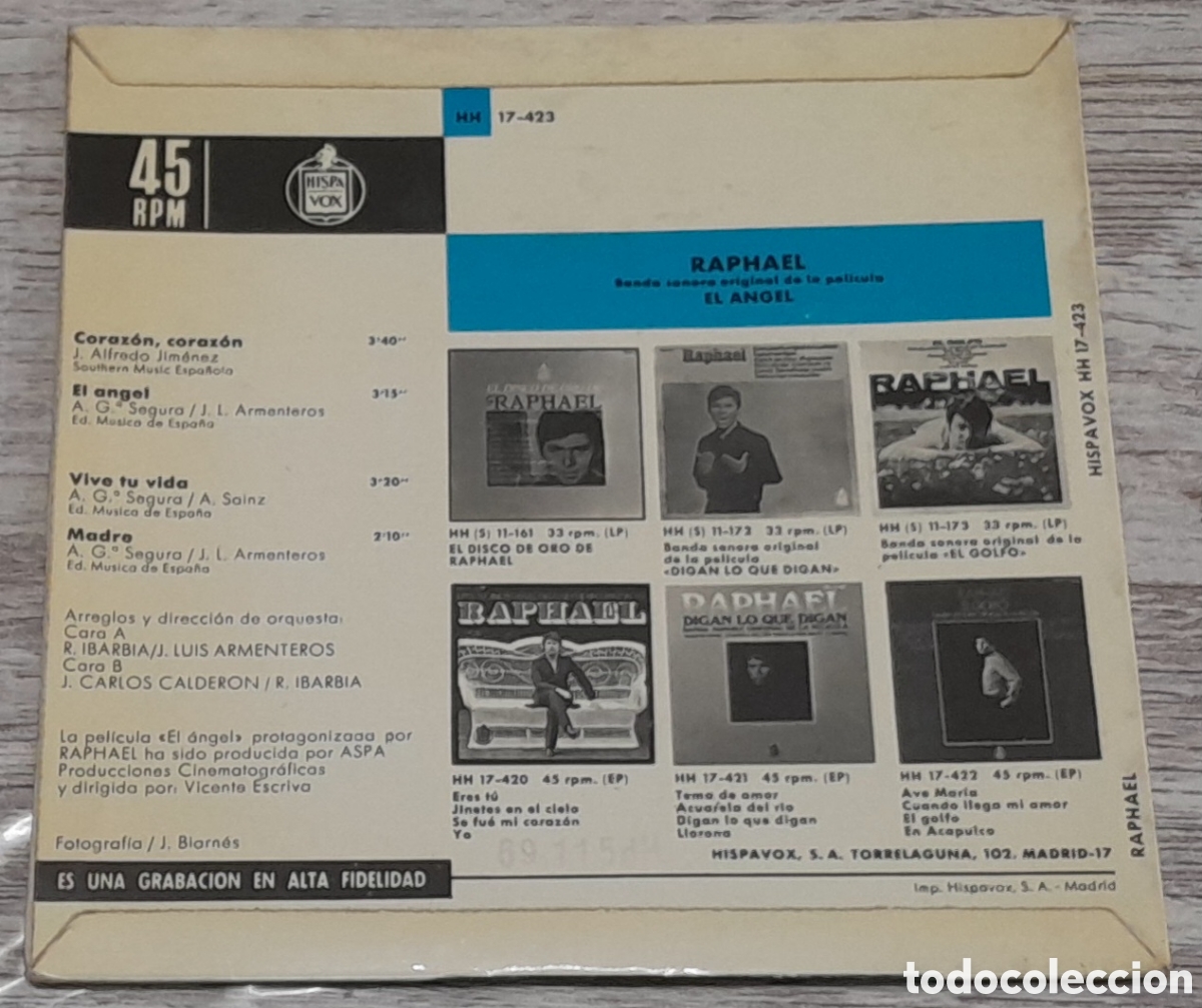 Discos de vinilo: RAPHAEL - EL ANGEL - BANDA SONORA ORIGINAL DE LA PELICULA - HISPAVOX - Foto 2