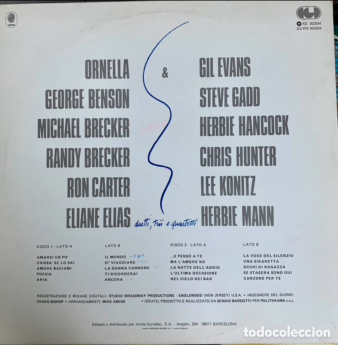 Discos de vinilo: Disco Vinilo 2LP. Ornella Vanoni. &ldquo;Ornella e &hellip;&rdquo;. 1987. - Foto 2