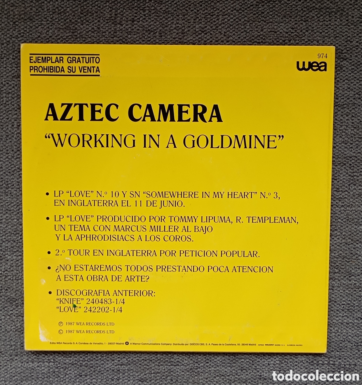 Discos de vinilo: Aztec Camera. Working In A Goldmine. Single 7&rdquo; Promo, a&ntilde;o 1987. - Foto 2