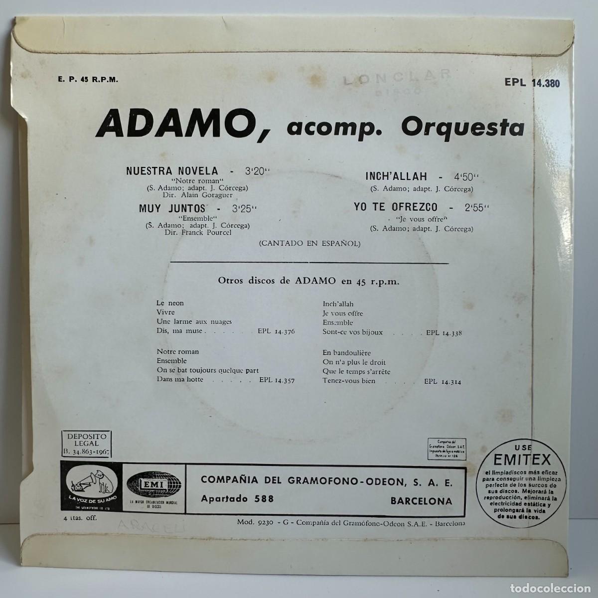 Discos de vinilo: Adamo - Canta En Espa&ntilde;ol: Nuestra Novela (7, EP) - Foto 2