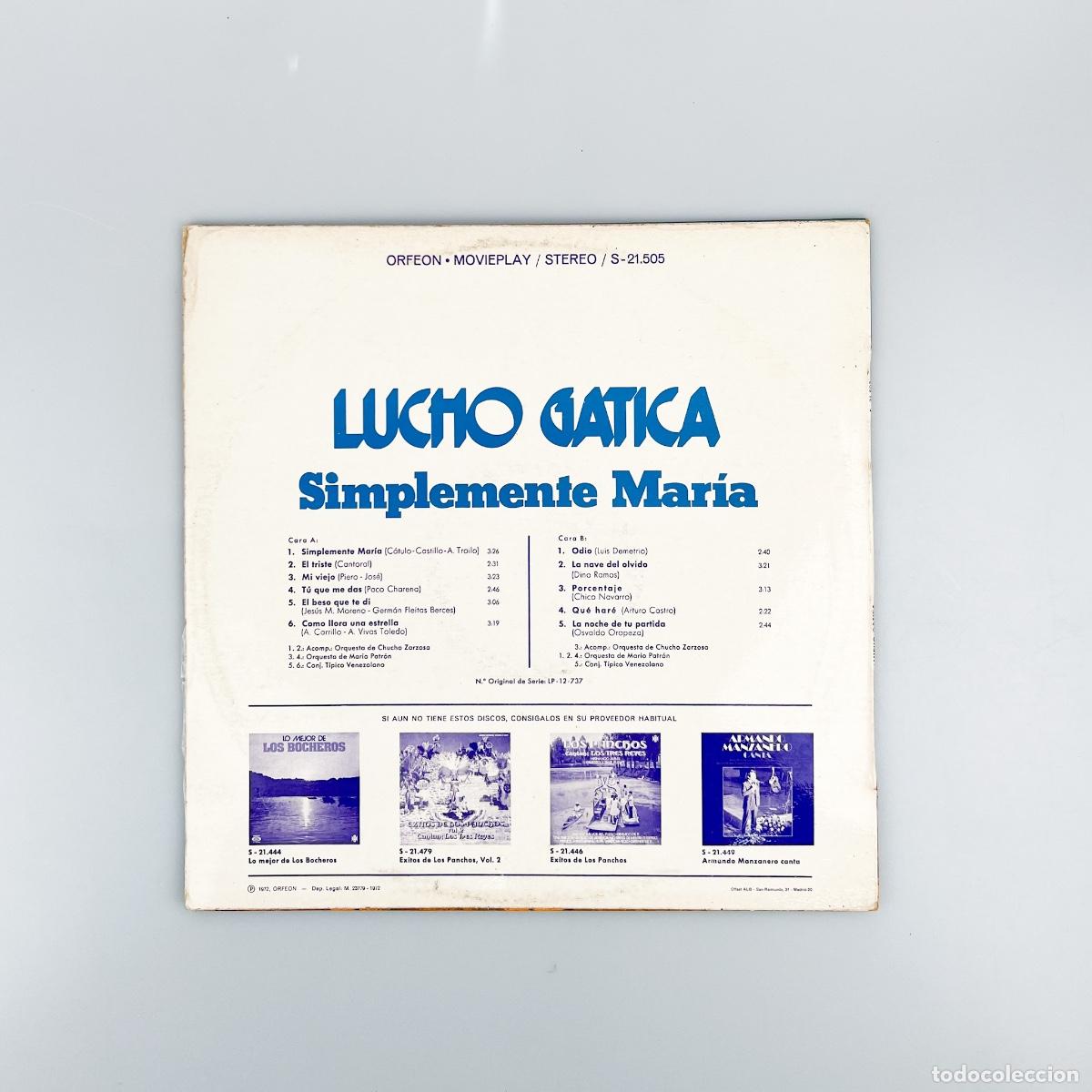Discos de vinilo: LP. Lucho Gatica. Simplemente Mar&iacute;a (VG/VG) - Foto 2