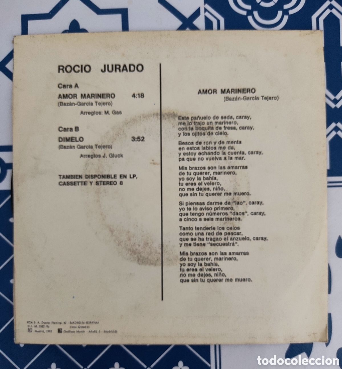 Discos de vinilo: ROCIO JURADO AMOR MARINERO SINGLE 1976 - Foto 2