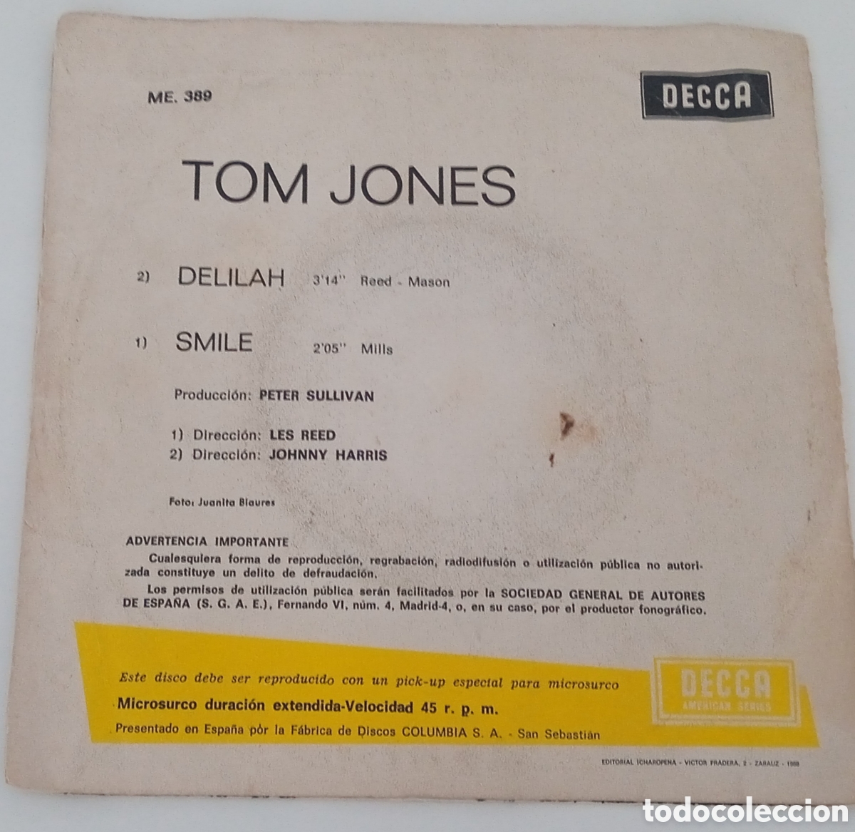 Discos de vinilo: TOM JONES - Delilah (1967) single vinilo - Foto 2