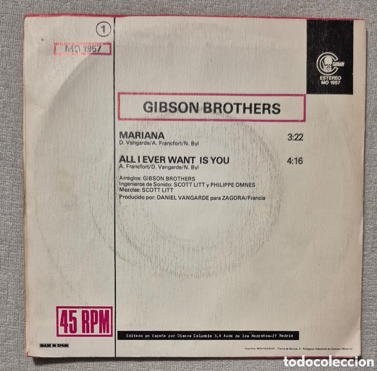 Discos de vinilo: SINGLE - GIBSON BROTHERS - MARIANA - 1980 - Foto 2