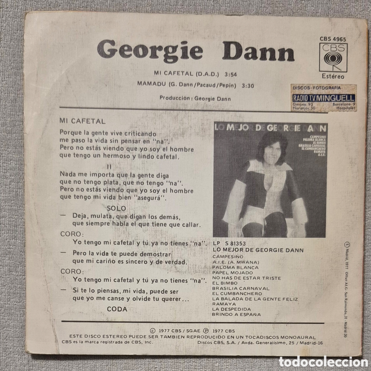 Discos de vinilo: SINGLE - GEORGIE DANN - MI CAFETAL - 1977 - Foto 2