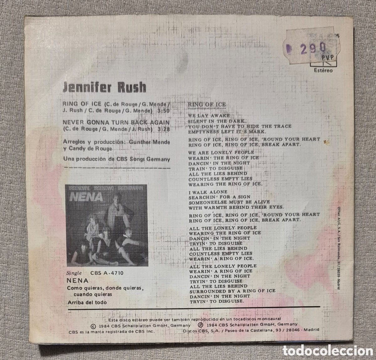 Discos de vinilo: SINGLE - JENNIFER RUSH - RING OF ICE - 1984 - Foto 2