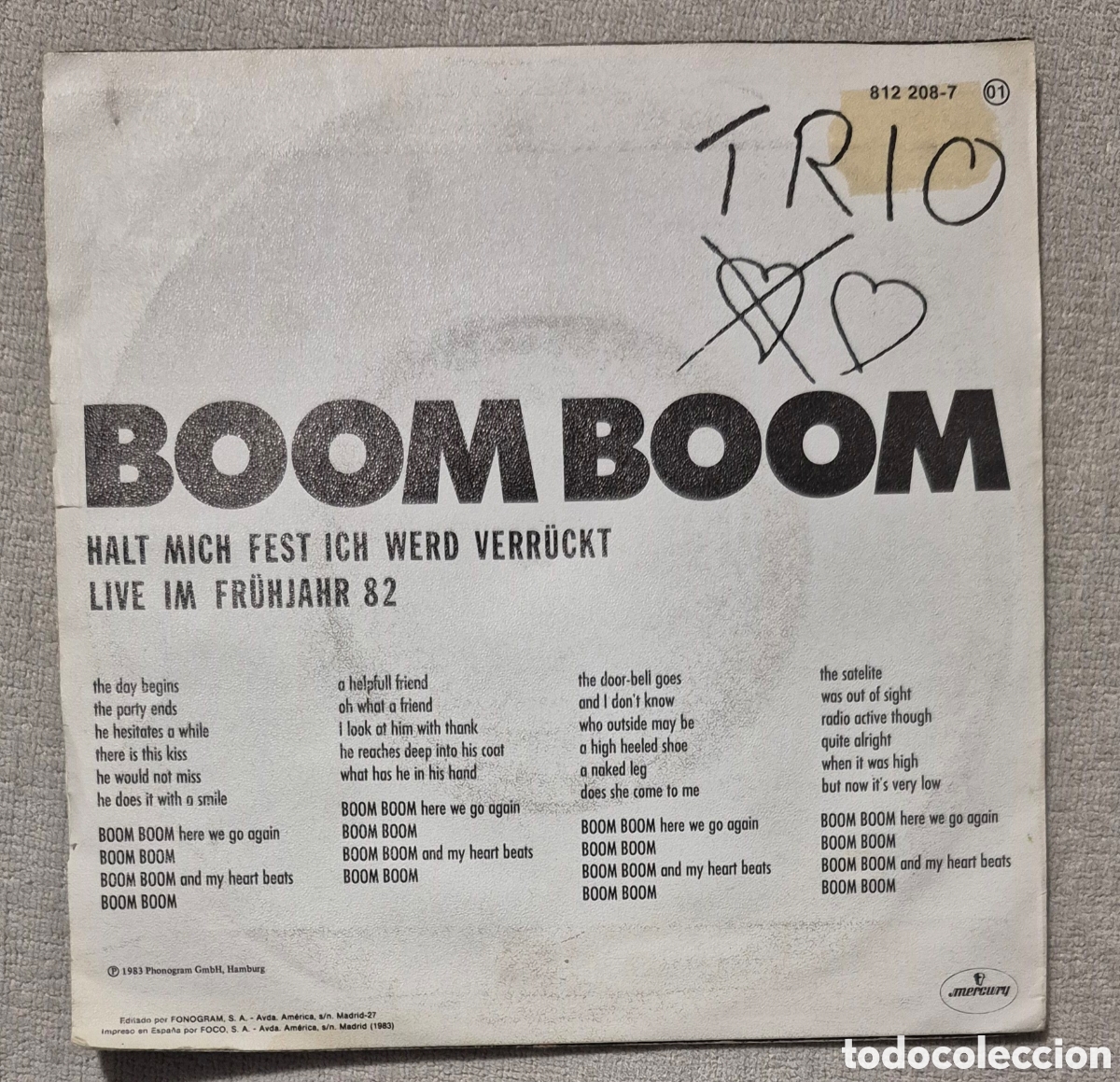 Discos de vinilo: SINGLE - TRIO - BOOM BOOM - 1983 - Foto 2