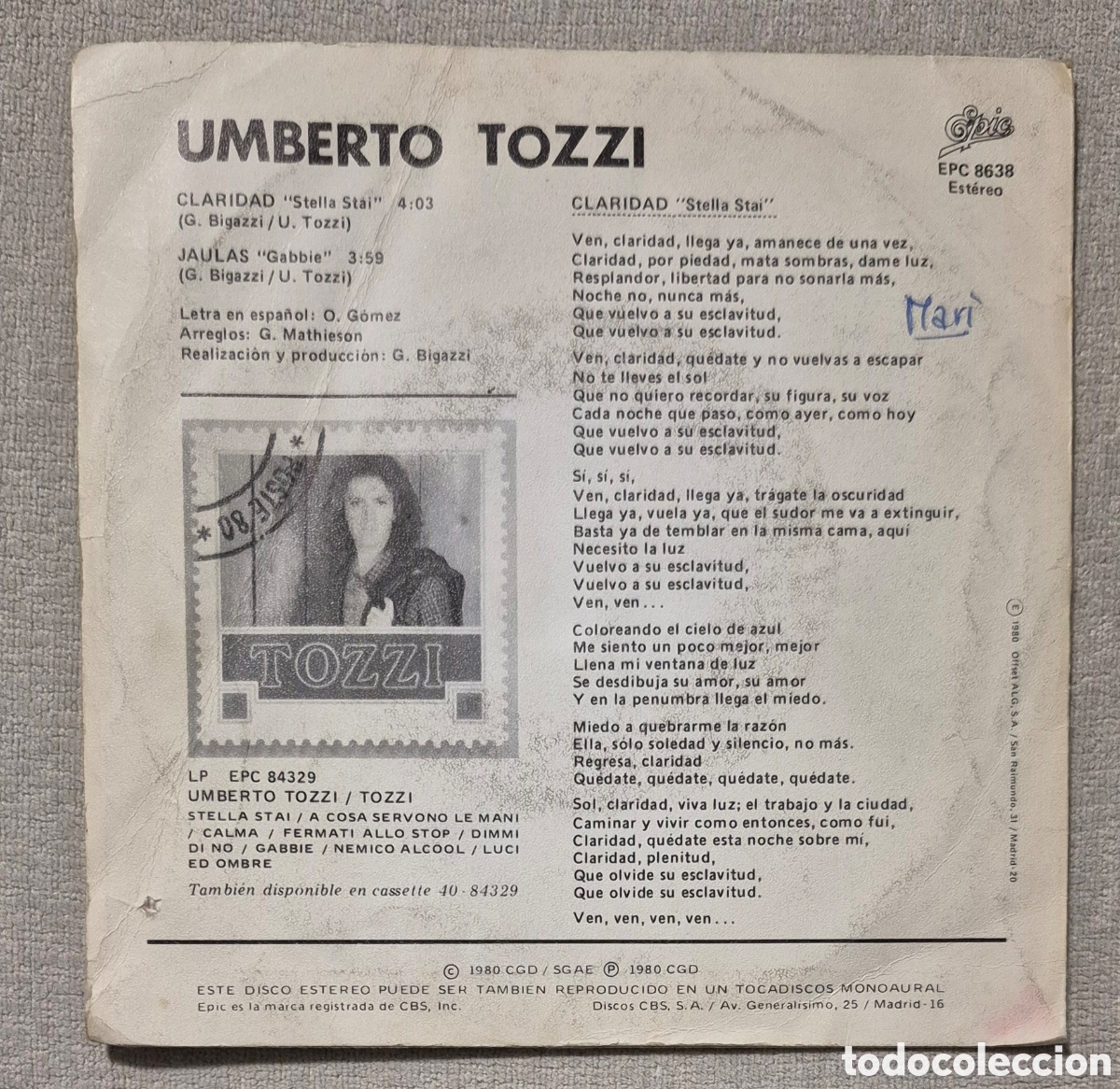 Discos de vinilo: SINGLE - TOZZI - CLARIDAD - 1980 - Foto 2