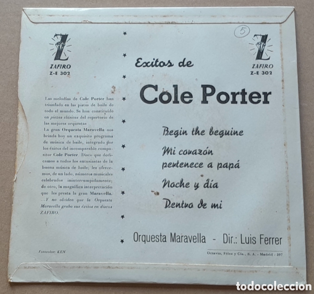 Discos de vinilo: ORQUESTA MARAVELLA - EXITOS DE COLE PORTER - ZAFIRO 1962 - Foto 2
