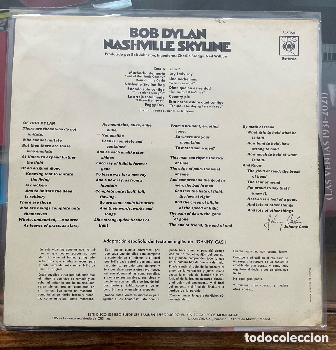 Discos de vinilo: BOB DYLAN. Nashville Skyline. Espa&ntilde;a. - Foto 2