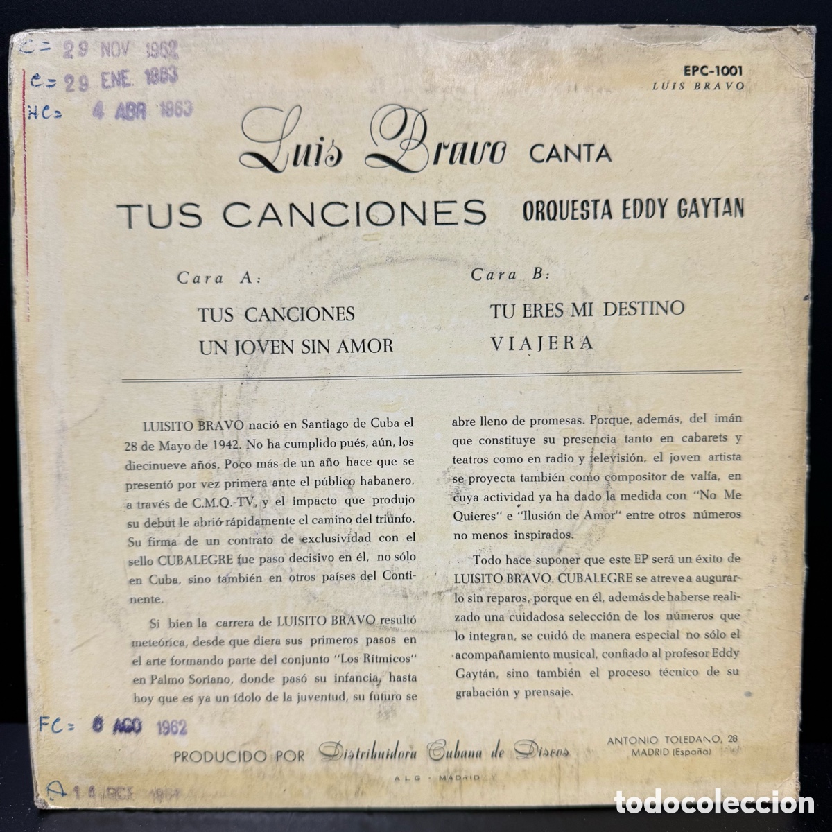 Discos de vinilo: Luis Bravo - Tus Canciones (EP) - Foto 2