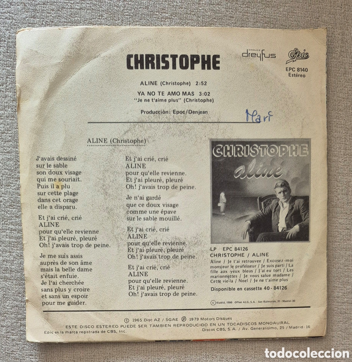 Discos de vinilo: SINGLE CHRISTOPHE - ALINE - 1980 - Foto 2
