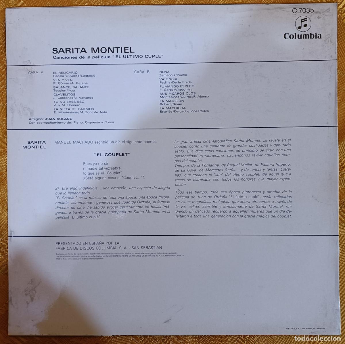 Discos de vinilo: Vinilo LP Sara Montiel EL ULTIMO CUPLE. - Foto 2