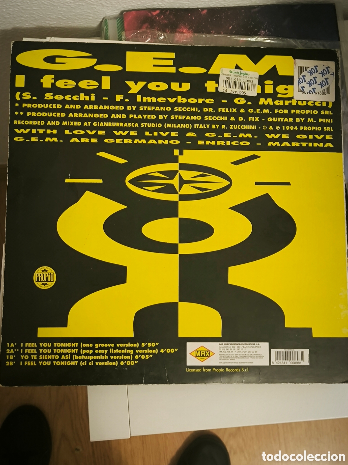 Discos de vinilo: VINILO G.E.M. I FEEL YOU TONIGHT - Foto 2