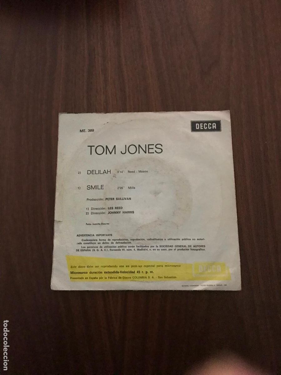 Discos de vinilo: SINGLE TOM JONES , DELILAH , DECCA - Foto 2