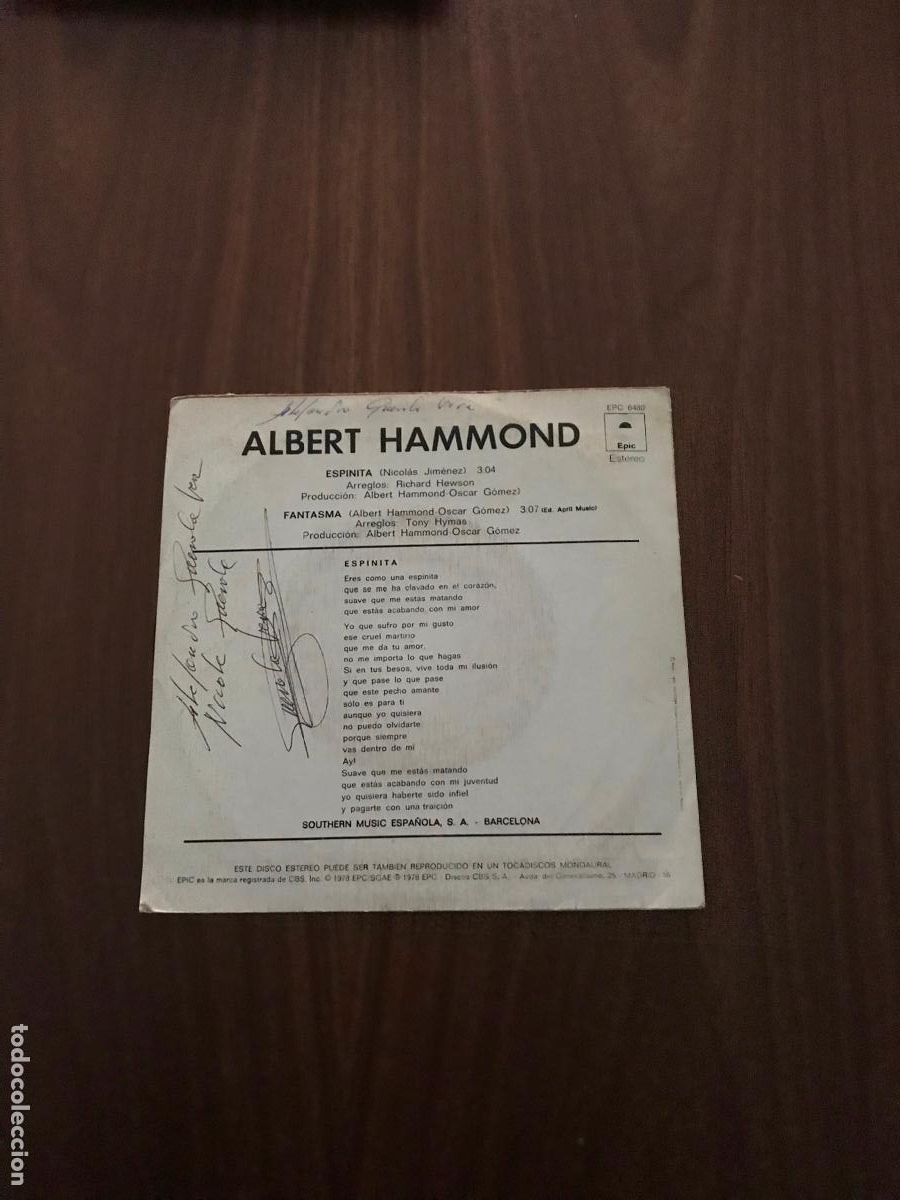Discos de vinilo: SINGLE ALBERT HAMMOND , ESPINITA , EPIC - Foto 2