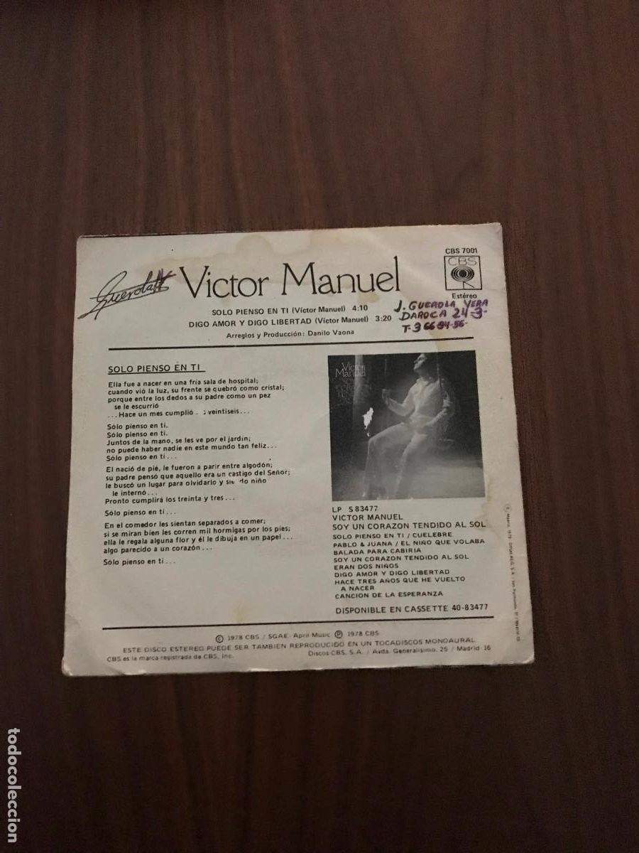 Discos de vinilo: SINGLE VICTOR MANUEL , S&Oacute;LO PIENSO EN TI , CBS - Foto 2