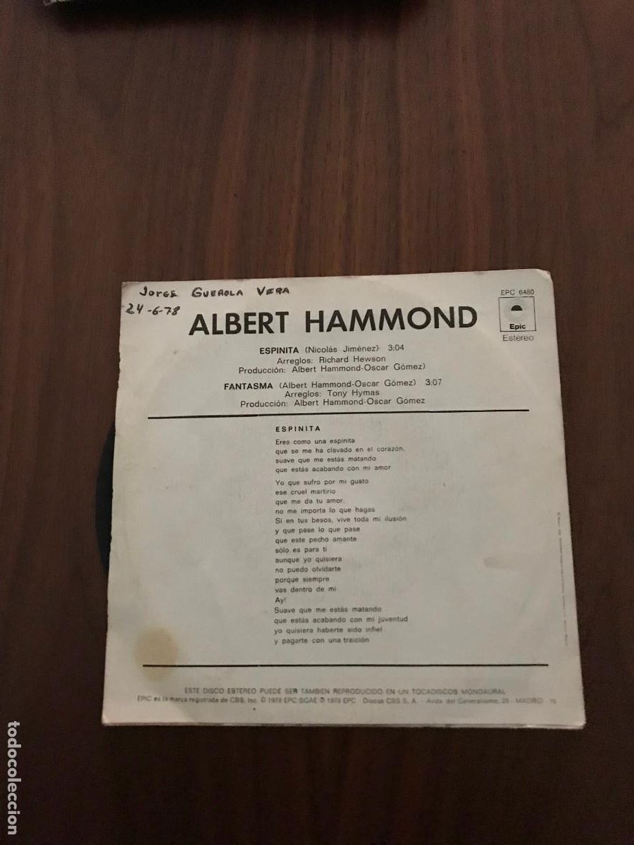Discos de vinilo: SINGLE ALBERT HAMMOND , ESPINITA , EPIC - Foto 2