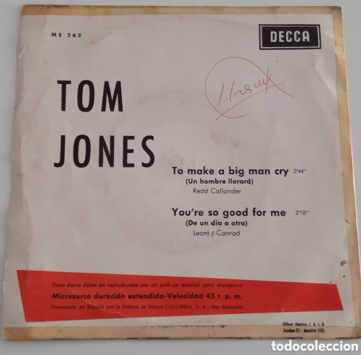 Discos de vinilo: TOM JONES - To make a big man cry (1966) single - Foto 2