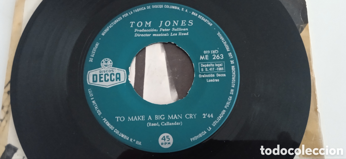 Discos de vinilo: TOM JONES - To make a big man cry (1966) single - Foto 3