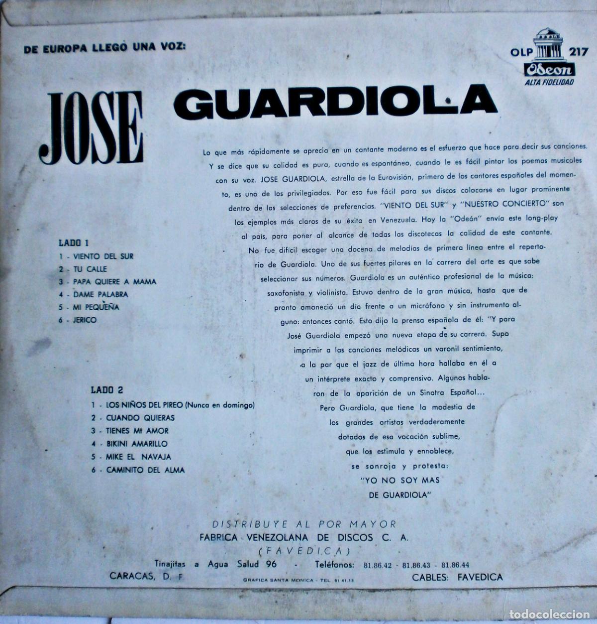 Discos de vinilo: JOS&Eacute; GUARDIOLA. VIENTO DEL SUR - Foto 4