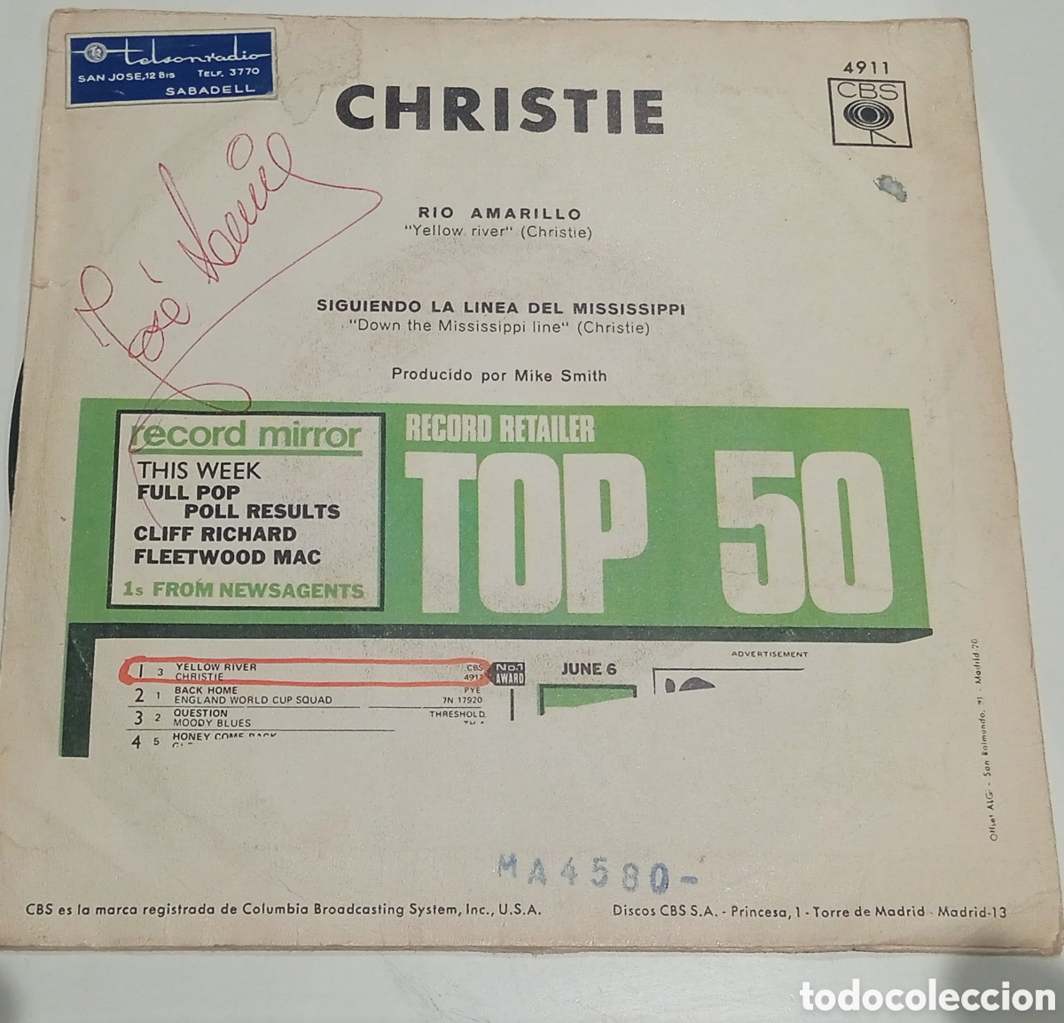 Discos de vinilo: CHRISTIE - Yellow river (1970) single - Foto 2