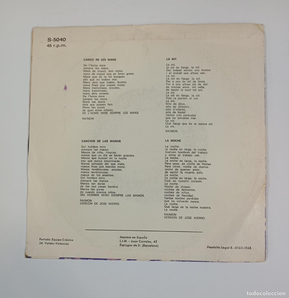 Discos de vinilo: RAIMON &lrm;&ndash; CAN&Ccedil;O DE LES MANS / LA NIT. SINGLE. TDKDS17B - Foto 2