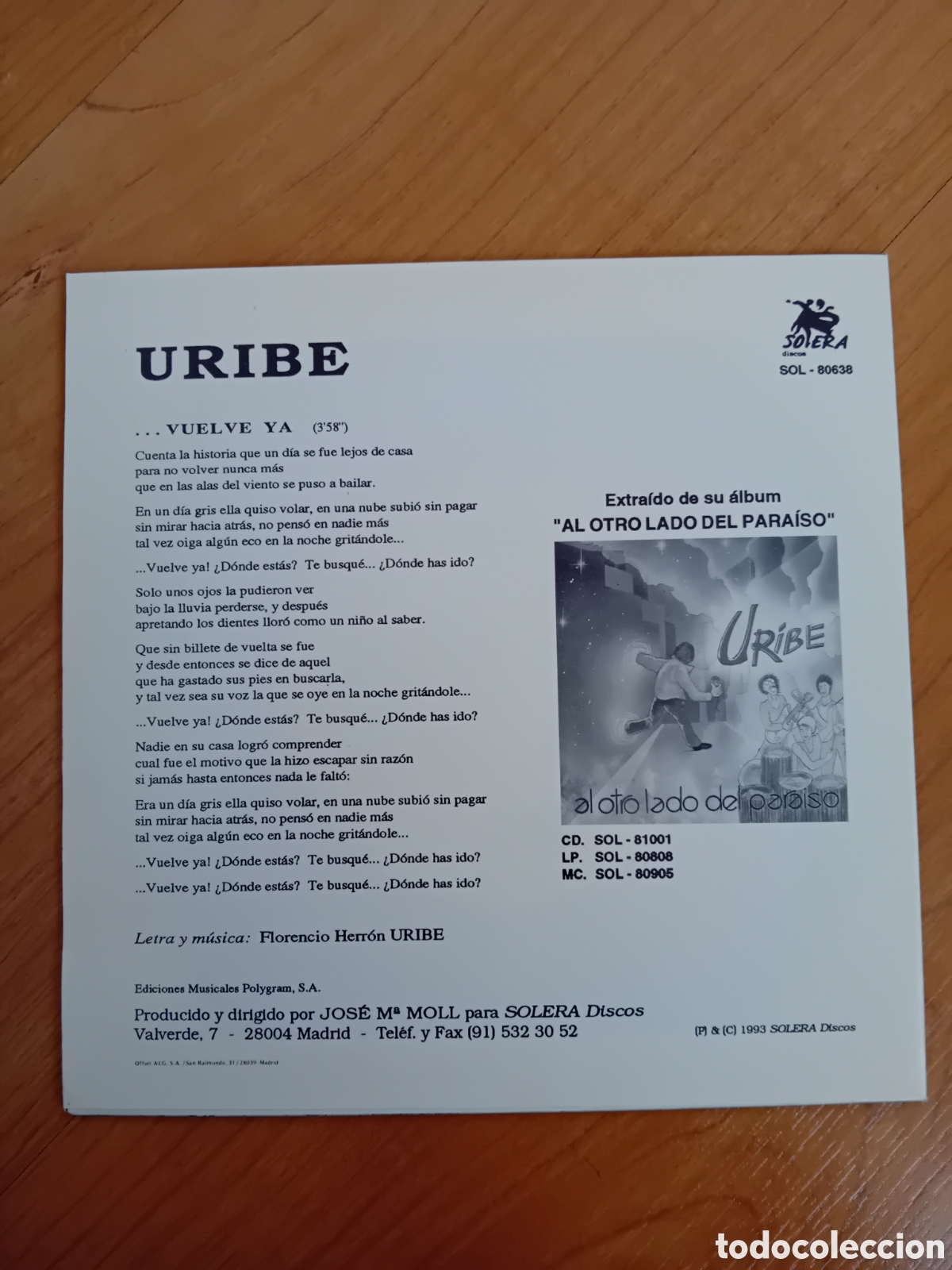 Discos de vinilo: URIBE.... VUELVE YA. - Foto 2