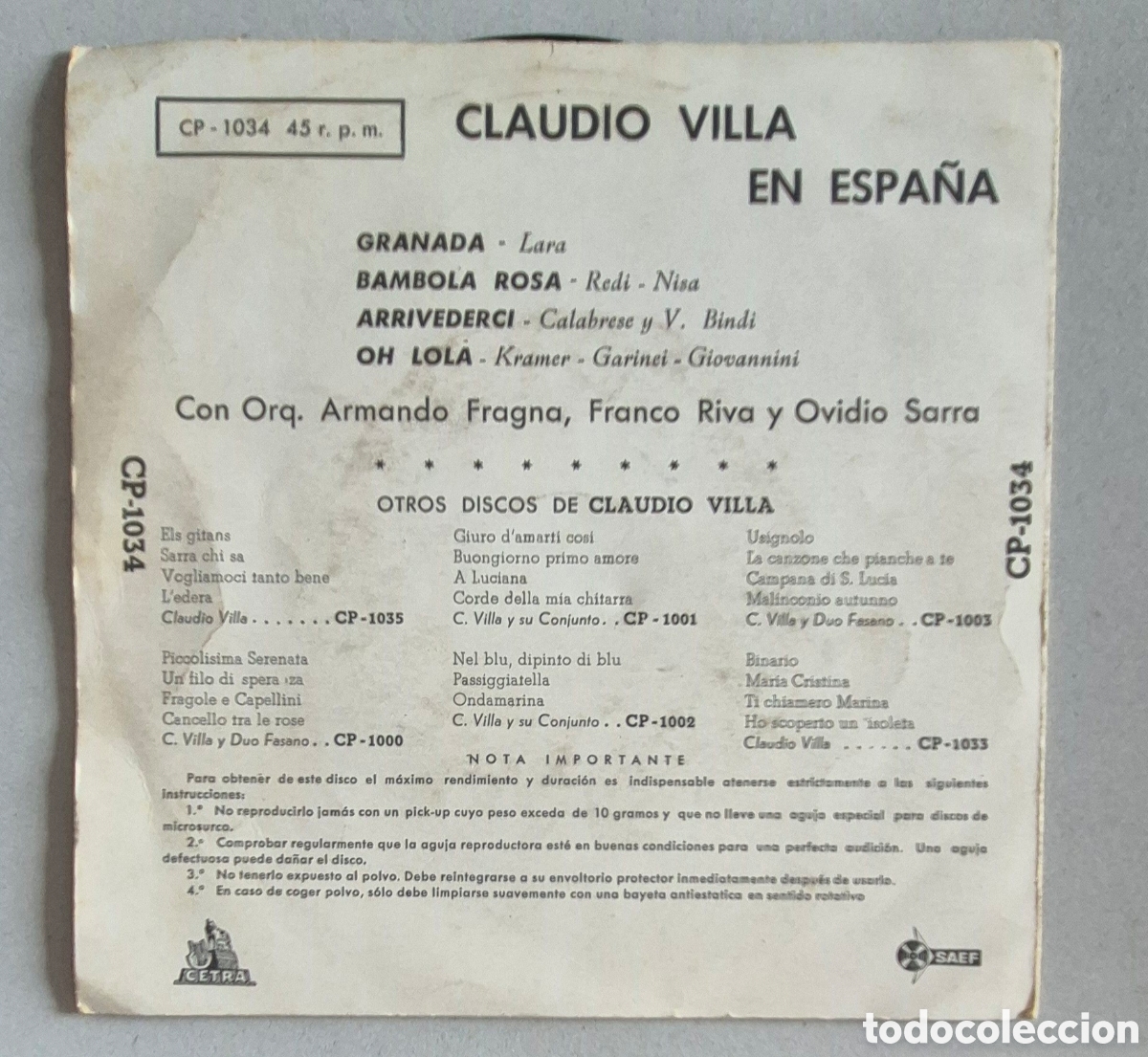 Discos de vinilo: EP - CLAUDIO VILLA - EN ESPA&Ntilde;A - 1959 - Foto 2