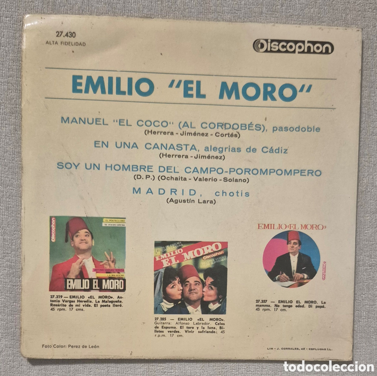 Discos de vinilo: EP - EMILIO &rdquo;EL MORO&rdquo; - MANUEL &rdquo;EL COCO&rdquo; (AL CORDOB&Eacute;S) - 1965 - Foto 2