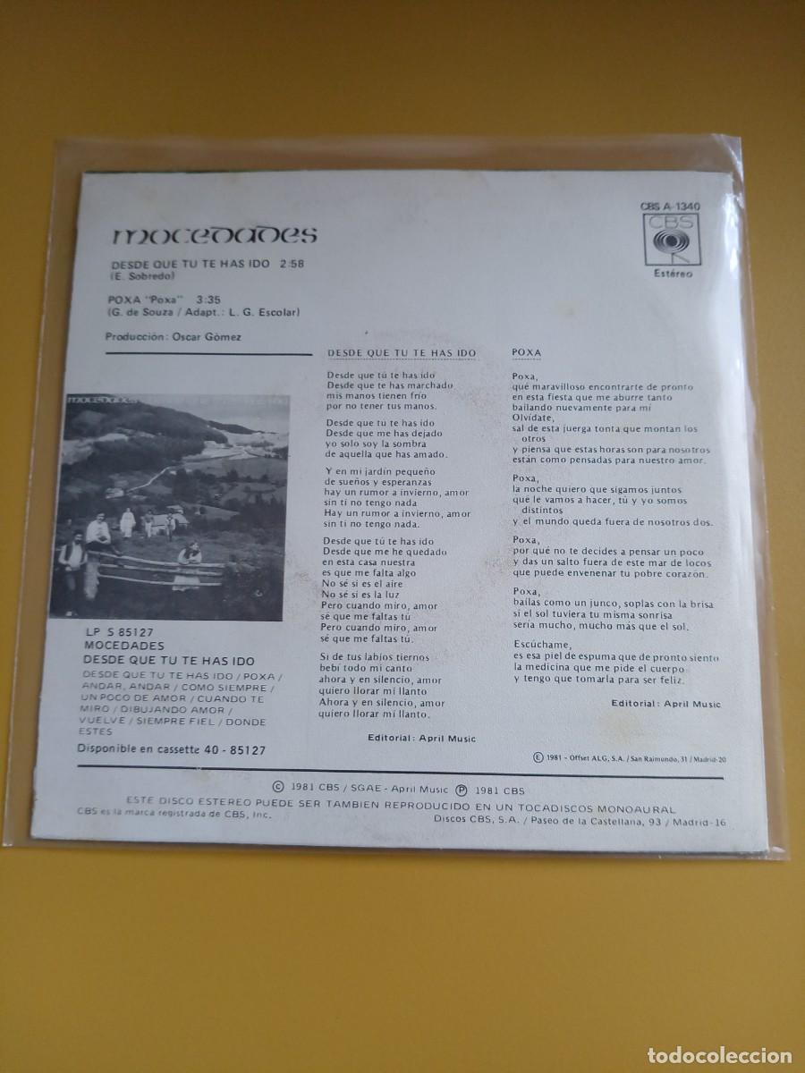 Discos de vinilo: Mocedades - Desde que t&uacute; te has ido / Poxa 1981 - Foto 2