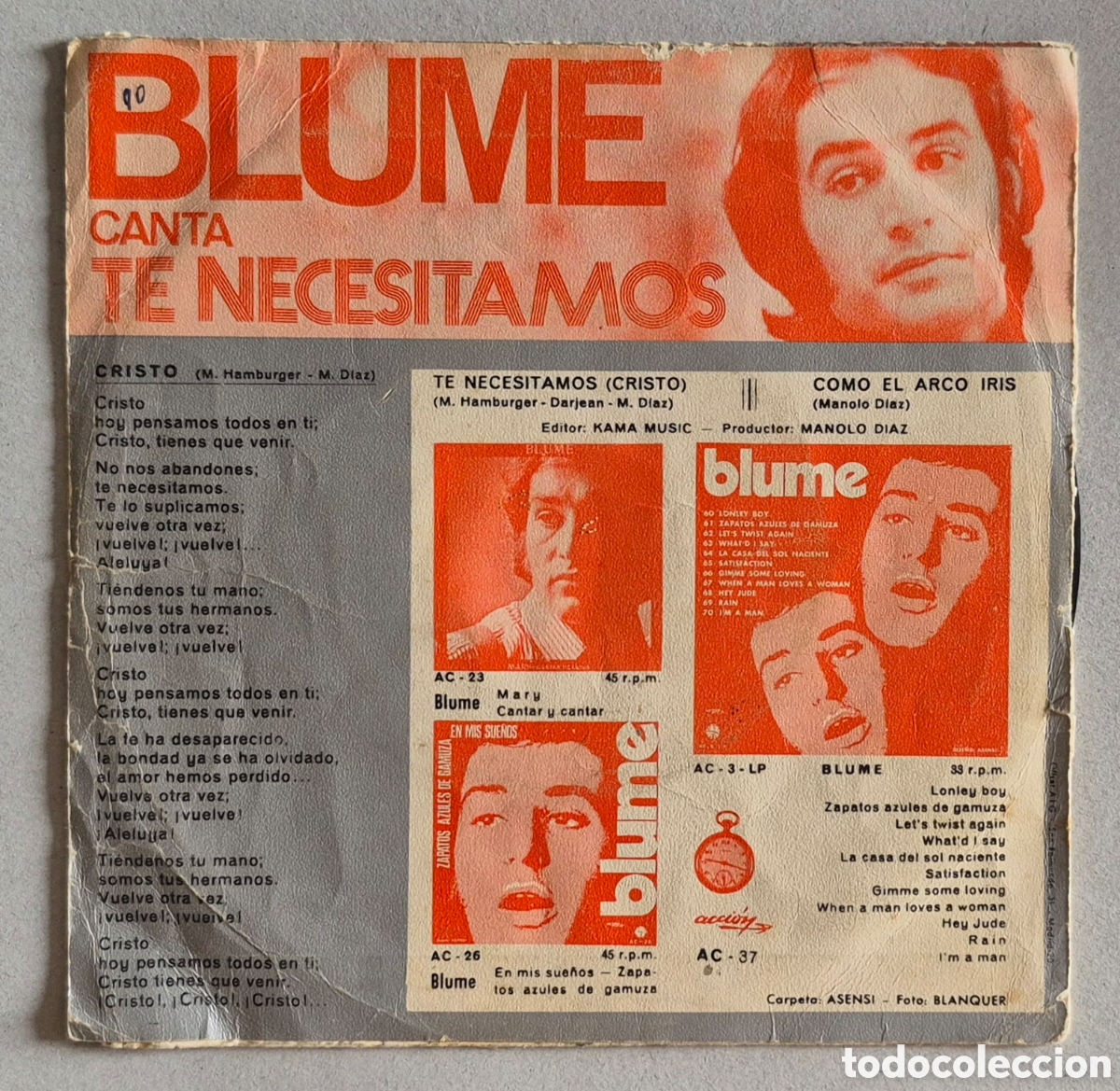Discos de vinilo: SINGLE - BLUME - TE NECESITAMOS (CRISTO) 1971 - Foto 2
