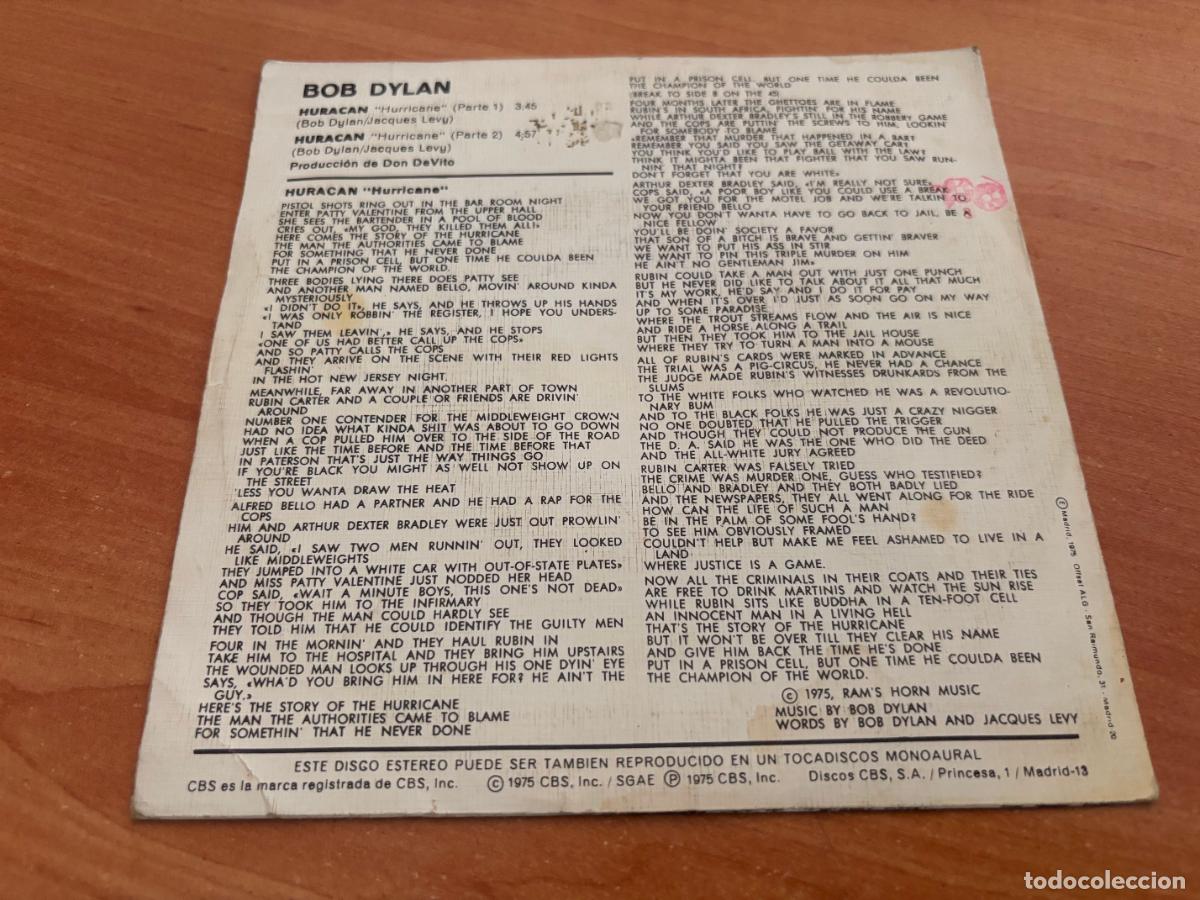 Discos de vinilo: BOB DYLAN (HURACAN) SINGLE ESPA&Ntilde;A 1975 (EPI6) - Foto 3