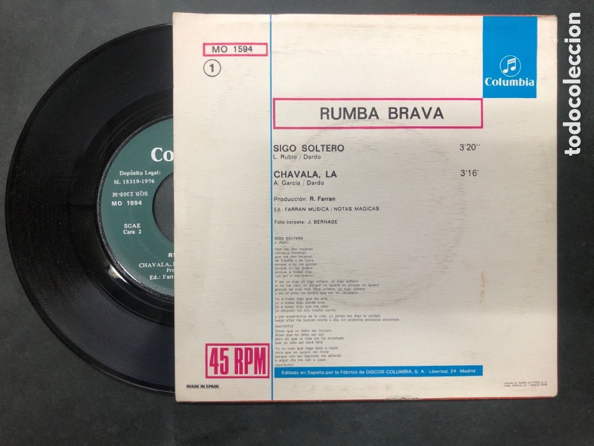 Discos de vinilo: SINGLE RUMBA BRAVA / SIGO SOLTERO / LA CHAVALA - Foto 2