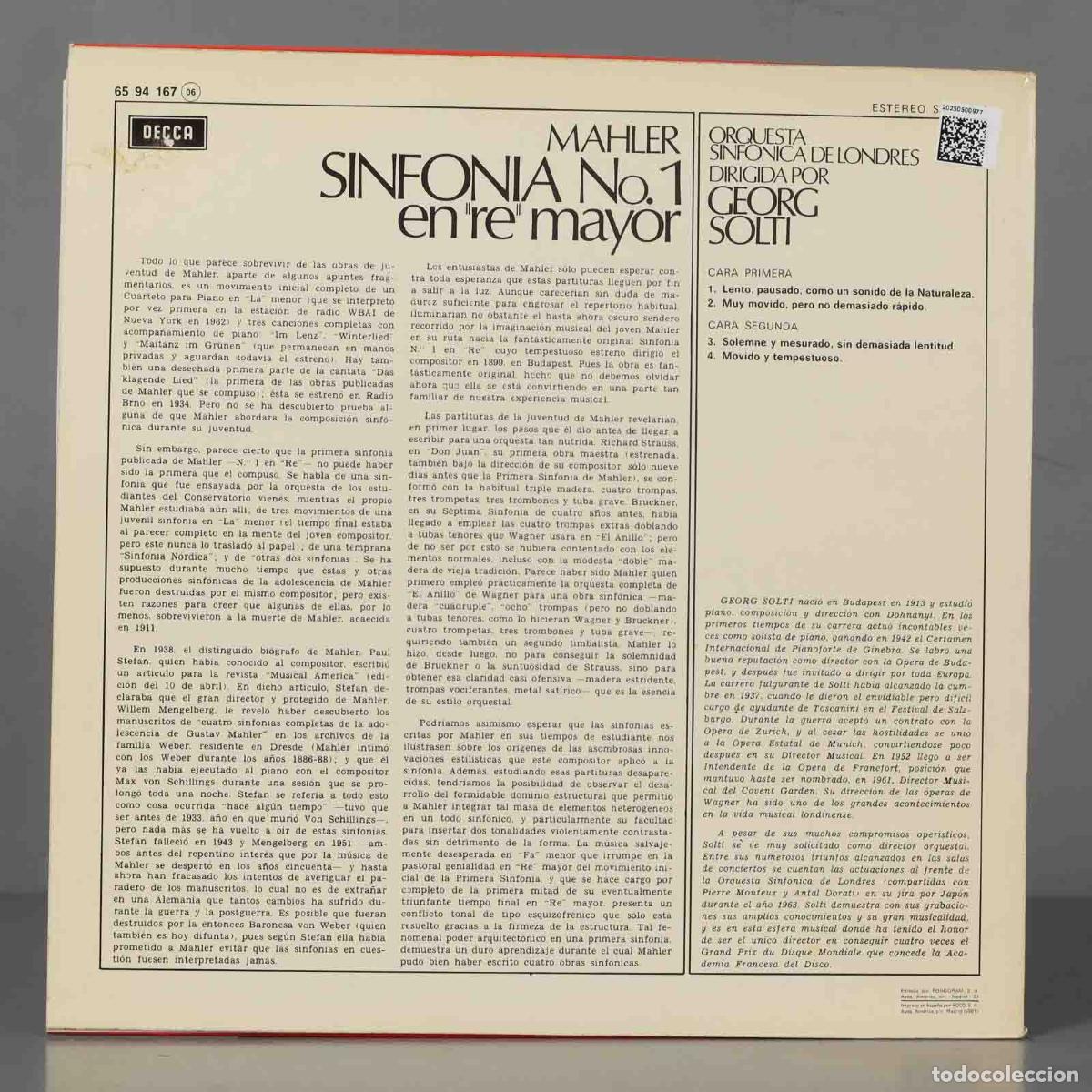 Discos de vinilo: LP. SINFONIA 1. MAHLER SOLTI - Foto 2
