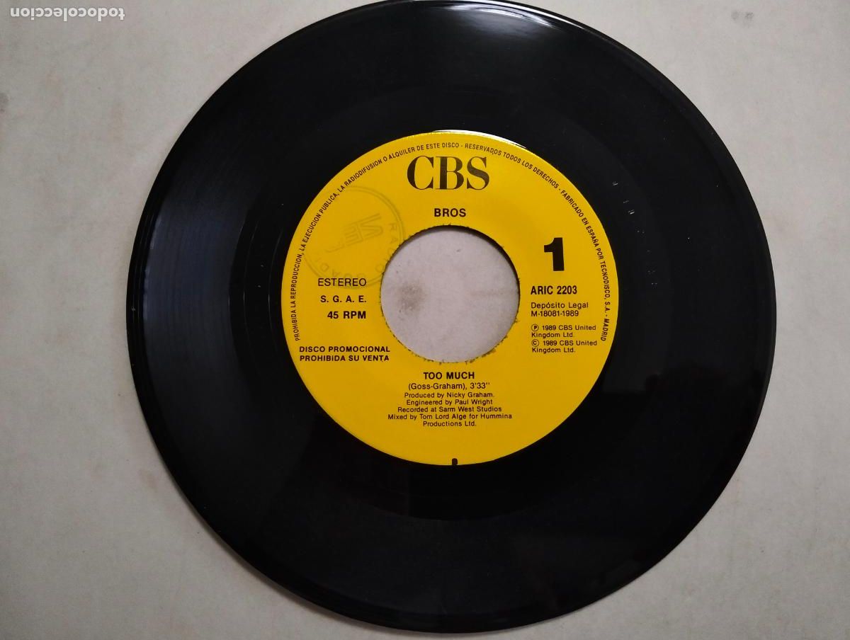 Discos de vinilo: DISCO SINGLE, BROS - TOO MUCH - Foto 3
